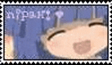 a postage stamp with a picture of a girl and the words `` my party '' written in white letters .