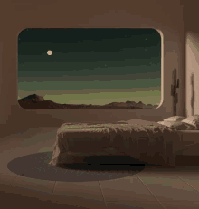 a bedroom with a bed and a cactus in front of a window