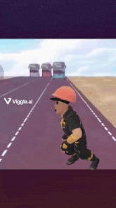 a cartoon character is running down a road with a viggle.ai logo in the lower right corner