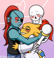 a drawing of a skeleton hugging a fish and another skeleton with the name tanasu-chan on the bottom right