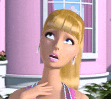 a barbie doll is standing in front of a pink house looking up