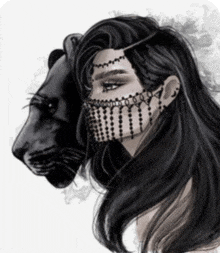 a black and white drawing of a woman wearing a mask with a panther behind her