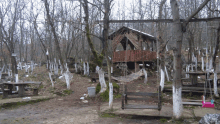 a wooden swing is hanging from a tree in the woods