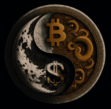 a yin yang symbol with a dollar sign and a bitcoin symbol on it