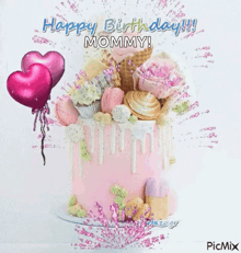 a birthday card for a mommy with a pink cake and pink balloons