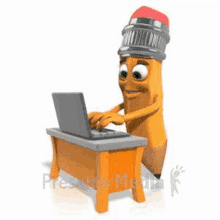 a pencil is sitting at a desk typing on a laptop computer .