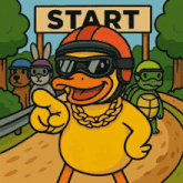 a cartoon of a duck wearing a helmet and goggles standing in front of a start sign