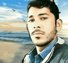 a man with a beard stands in front of a beach