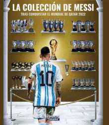 a poster for la coleccion de messi has a soccer player in front of trophies