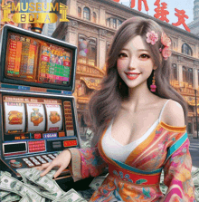 a woman playing a slot machine in front of a sign that says museum edu ii