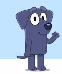 a cartoon dog with big eyes and a blue nose waving