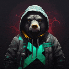 a bear wearing a hooded jacket with a green x on the front