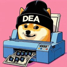 a doge wearing a black beanie is sitting in a printer .