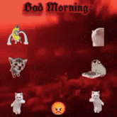 a bunch of cats are standing next to each other on a black background with the words `` bad morning '' written above them .