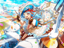 a girl with blue hair is playing drums with a seagull flying around her