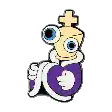 a cartoon character with big eyes and a cross on his head .