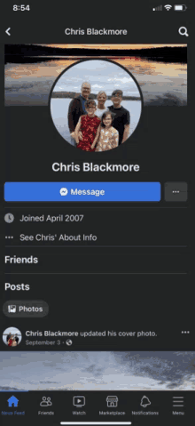 a screenshot of chris blackmore 's facebook profile with a picture of his family