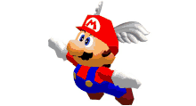 a cartoon of mario wearing a red hat with a letter m on it