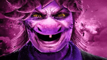 a person with purple hair and yellow eyes is smiling
