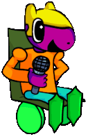 a cartoon character is sitting in a chair with a microphone in his hand .