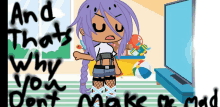 a cartoon girl with purple hair is standing in front of a television with the words and that 's why you don