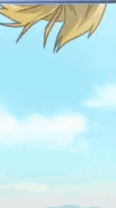 a close up of a person 's face with their head upside down against a blue sky .