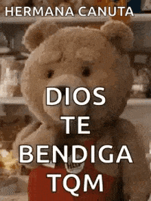 a teddy bear with the words `` dios te bendiga tqm '' on it