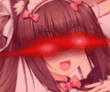 a close up of a girl with red eyes and a pink bow