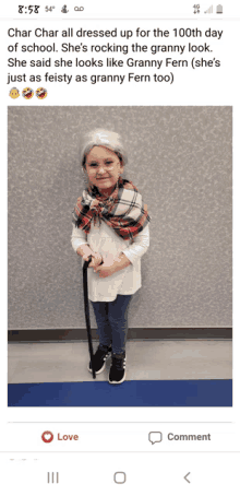 a little girl is dressed up as granny fern for the 100th day of school