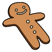 a gingerbread man with a smile on his face and three white circles on his legs