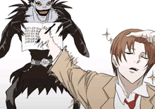 a drawing of a man standing next to a monster