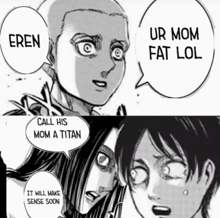 a black and white drawing of eren talking to his mom