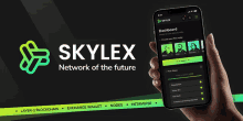 a person is holding a phone with the skylex network of the future written on it