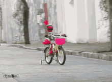 a child is riding a bike with a pink basket on the side of the road with the caption ripndipel