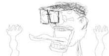 a black and white drawing of a man with his tongue hanging out and glasses on his head