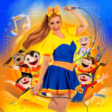 a woman in a yellow and blue dress is holding a microphone in front of a bunch of stuffed animals