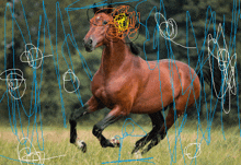 a drawing of a brown horse running in a grassy field