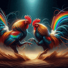 two colorful roosters are standing next to each other with a rainbow in the background