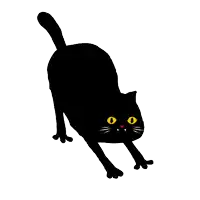 a silhouette of a black cat with yellow eyes and a pink nose