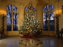 a large christmas tree is in a room with a circular pattern on the floor