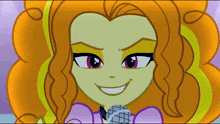 a cartoon girl with orange hair is smiling and holding a microphone in her hand