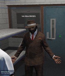 a man in a suit and hat is talking to another man in a video game with the name fodor di boss written on the screen