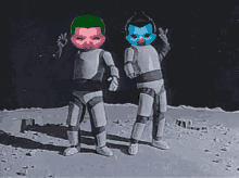 a couple of cartoon characters standing next to each other on a moon