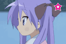 a purple haired anime girl with a pink star on her head