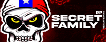 a skull with a red white and blue hat and the words secret family below it