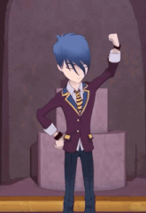 a cartoon character with blue hair and a purple suit