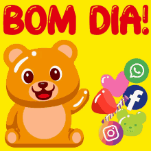 a teddy bear is surrounded by social media icons and the words bom dia in red letters