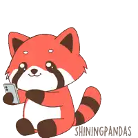 two red pandas are sitting next to each other and one is holding a phone