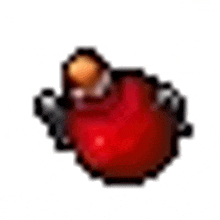 a pixel art illustration of a red apple with a knife in it .