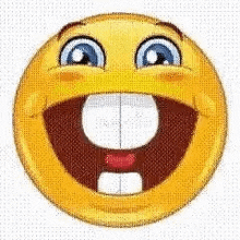 a cartoon smiley face with big teeth and a big smile on it 's face .